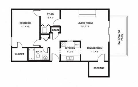 Floor plan for 1 bed, 1 bath, 960 sqft